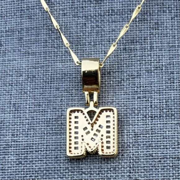 Letter "M" Iced Out Initial Pendant Gold Plated Necklace w/ CZ Rhinestones - Picture 6 of 6